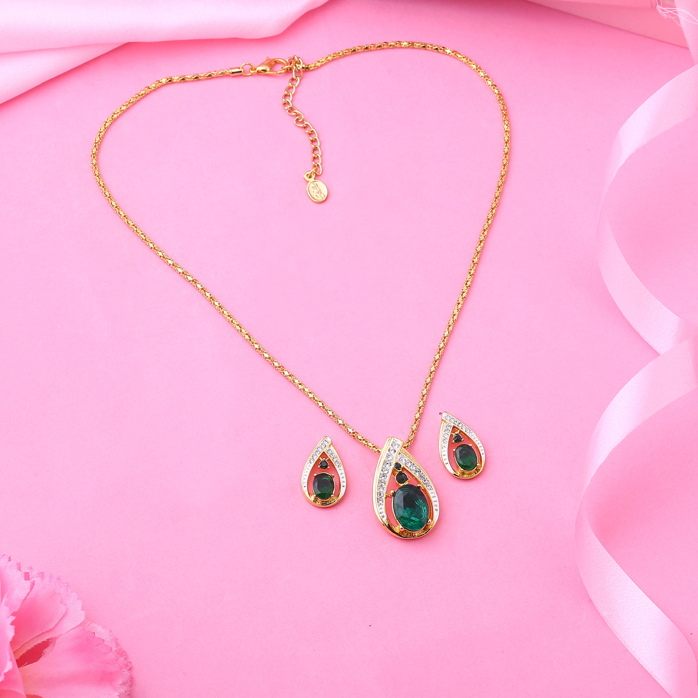 Estele Trendy and Fancy Emerald Stone Pendant Set for Women