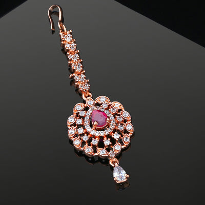 Estele Rose Gold Plated CZ Fascinating Maang Tikka with Ruby Crystals for Women