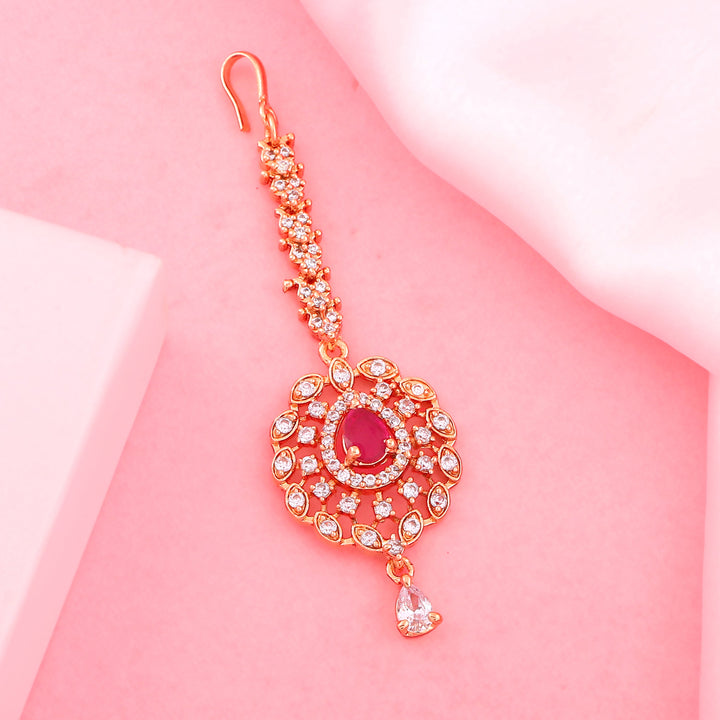 Estele Rose Gold Plated CZ Fascinating Maang Tikka with Ruby Crystals for Women