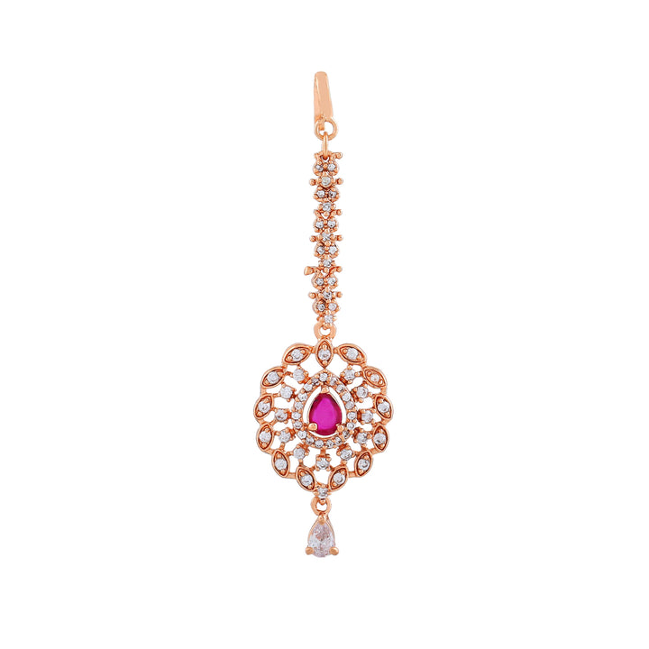 Estele Rose Gold Plated CZ Fascinating Maang Tikka with Ruby Crystals for Women