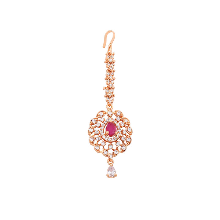 Estele Rose Gold Plated CZ Fascinating Maang Tikka with Ruby Crystals for Women