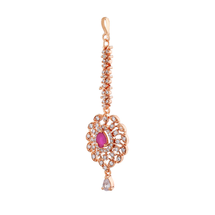 Estele Rose Gold Plated CZ Fascinating Maang Tikka with Ruby Crystals for Women