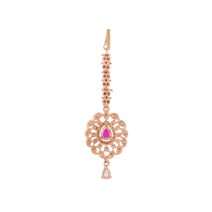 Estele Rose Gold Plated CZ Fascinating Maang Tikka with Ruby Crystals for Women