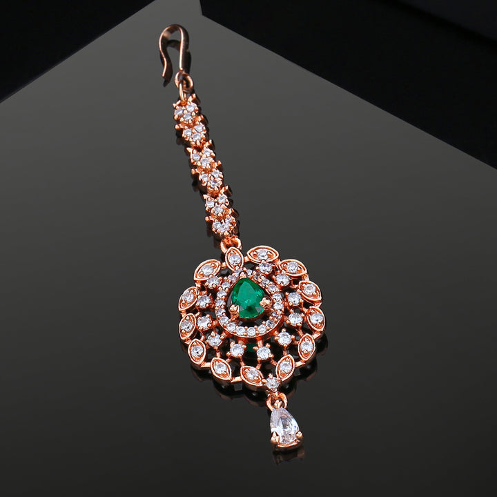 Estele Rose Gold Plated CZ Fascinating Maang Tikka with Emerald Crystals for Women