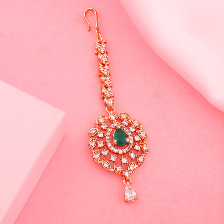 Estele Rose Gold Plated CZ Fascinating Maang Tikka with Emerald Crystals for Women