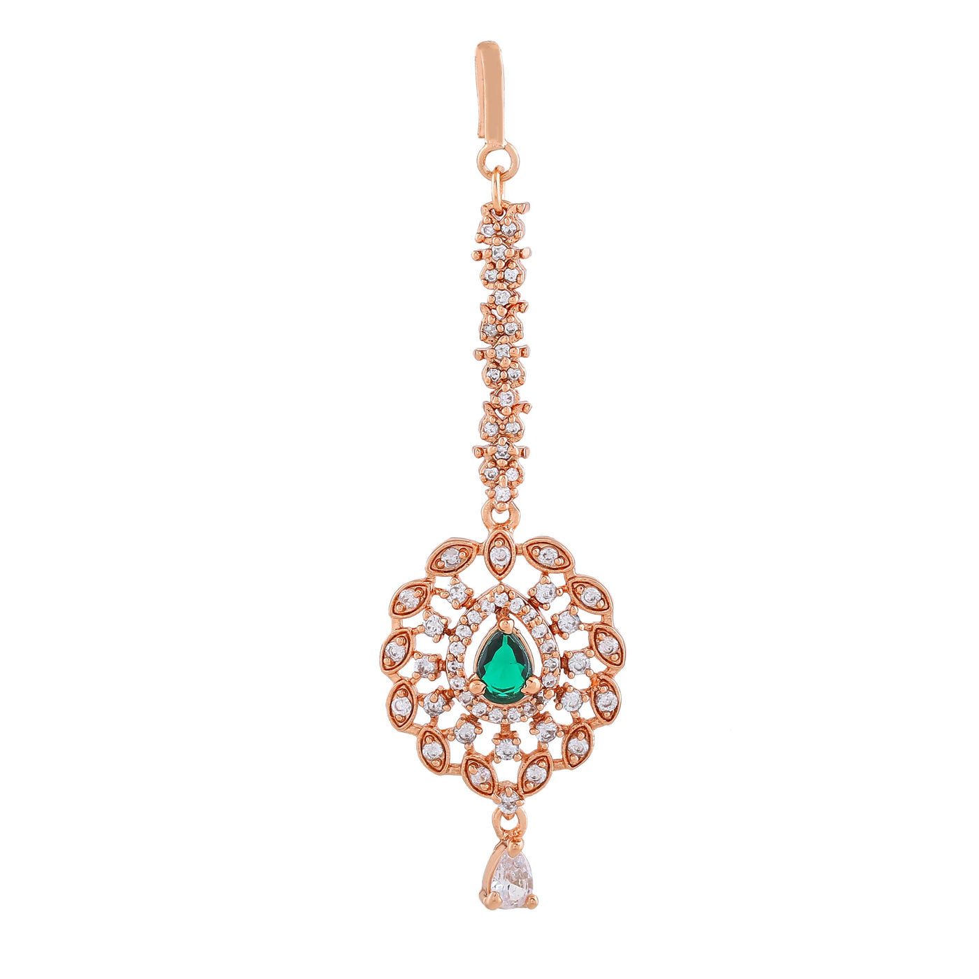 Estele Rose Gold Plated CZ Fascinating Maang Tikka with Emerald Crystals for Women