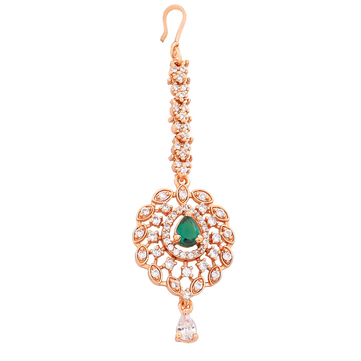 Estele Rose Gold Plated CZ Fascinating Maang Tikka with Emerald Crystals for Women