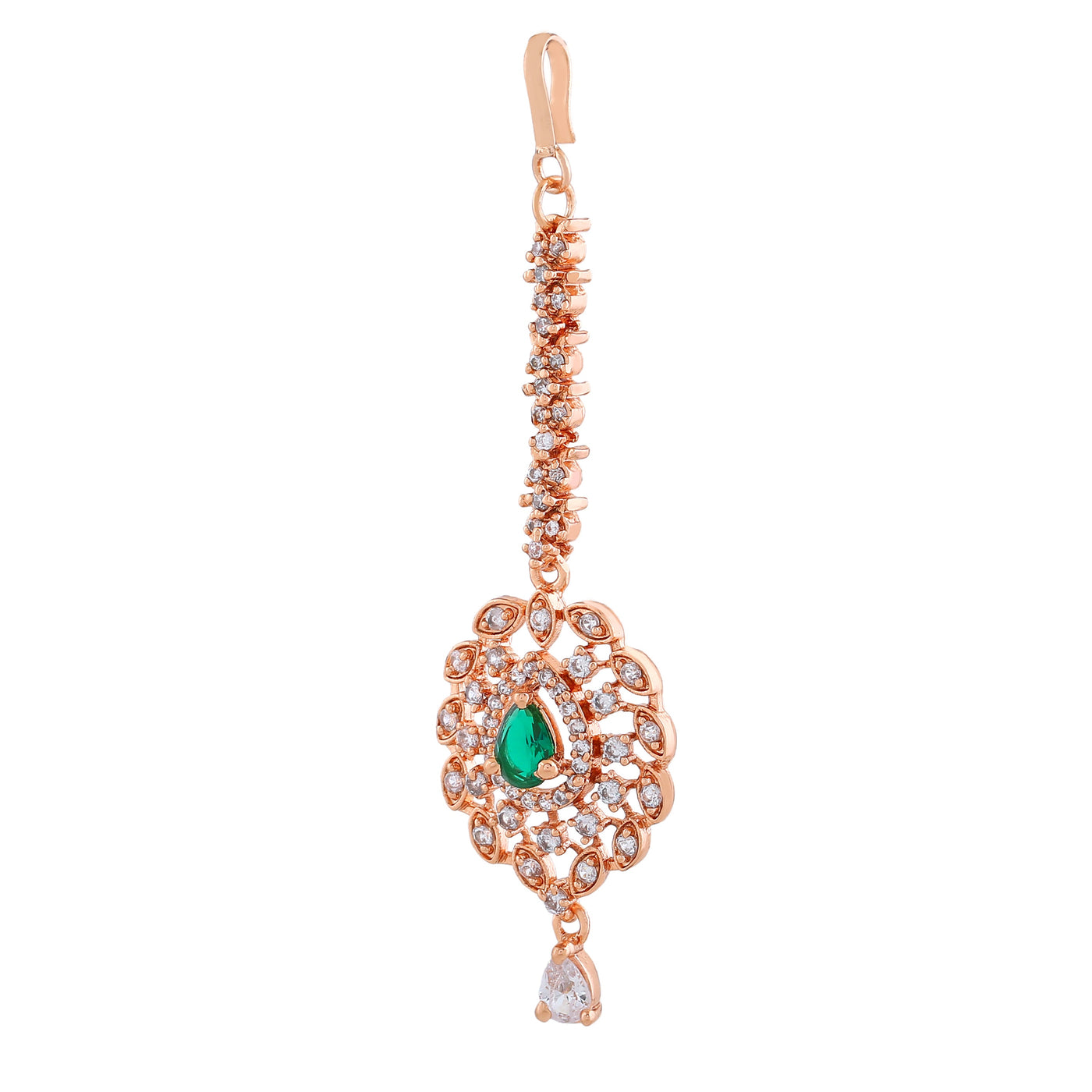 Estele Rose Gold Plated CZ Fascinating Maang Tikka with Emerald Crystals for Women