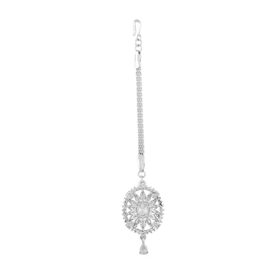 Estele Rhodium Plated CZ Flower Designer Maang Tikka for Women