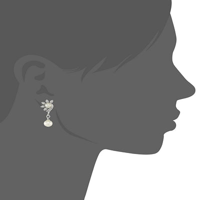 Estele 24 kt Rhodium Plated American Diamond Pearl flower Drop Earrings for women