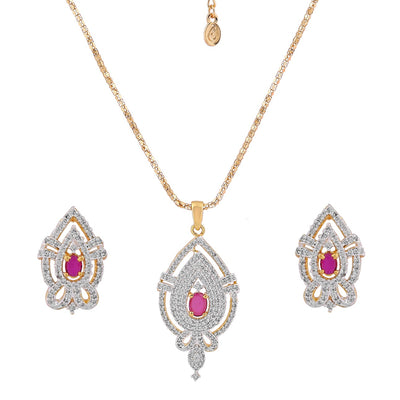 Estele 24 Kt Gold Plated American Diamond Flower and Leaf Pendant Set with Ruby Stones