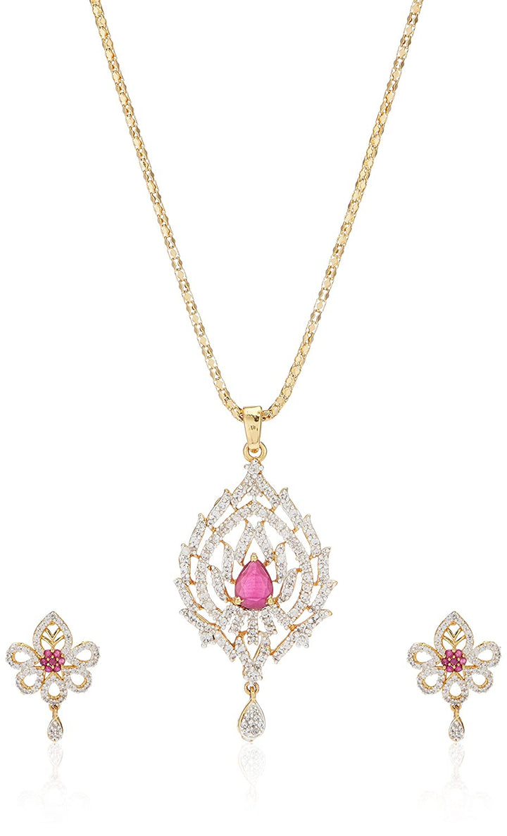 Estele Gold Plated Ruby and American Diamond Pendant Set for Women