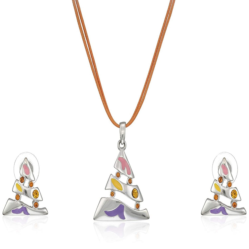 Estele Silver Plated Triangle with Enamel and Austrian Crystal Necklace Set for Women