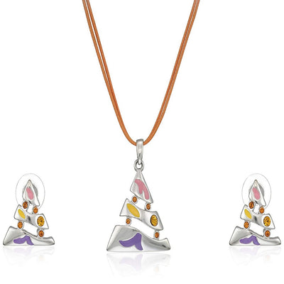 Estele Silver Plated Triangle with Enamel and Austrian Crystal Necklace Set for Women