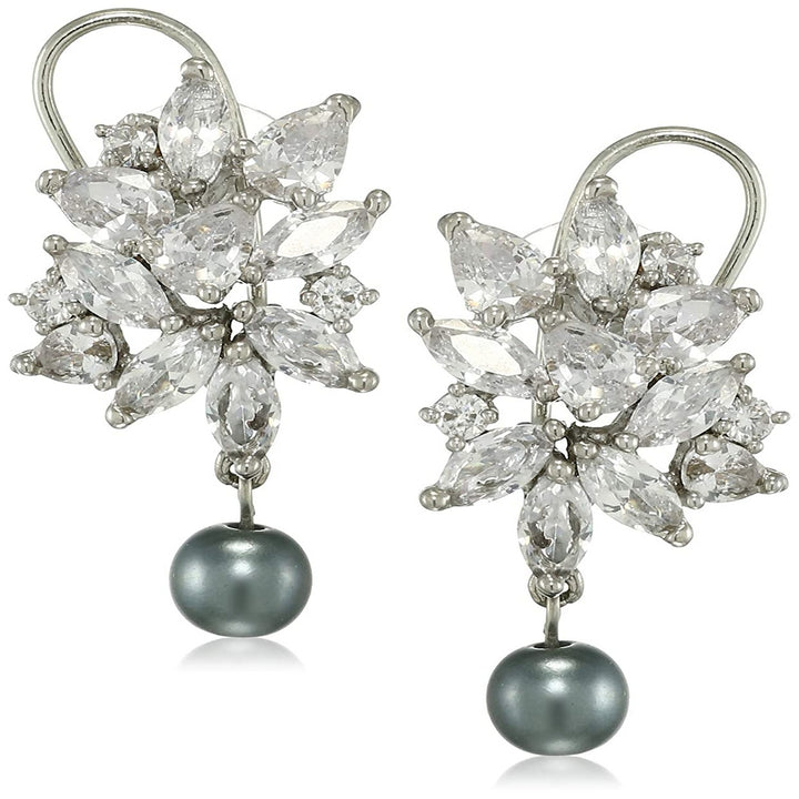 Estele Rhodium Plated American Diamond Pear Marquise cluster Grey Pearl Drop Earrings for women