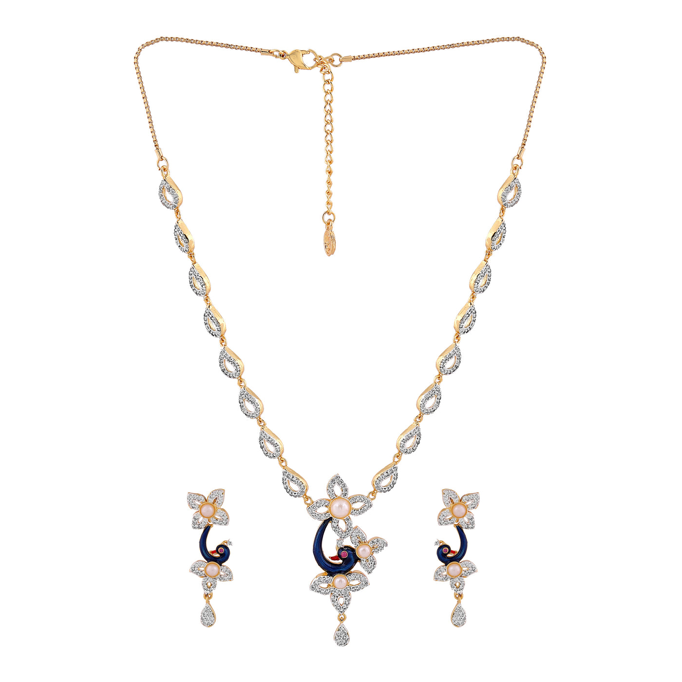 Estele 24 Kt Gold Plated Peacock Shaped American Diamond Necklace Set