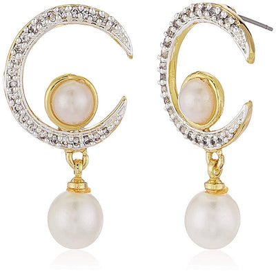 Estele Gold Plated Crescent Shaped Pendant Set with American Diamonds and Pearl Drop for Women / Girls