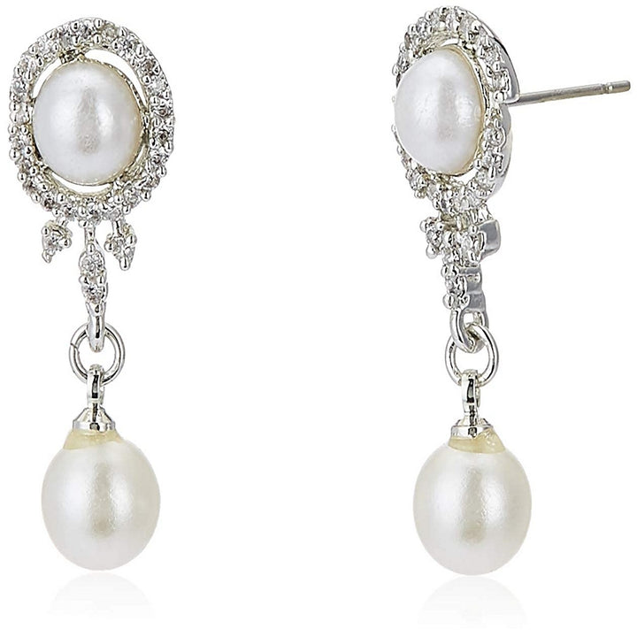 Estele Rhodium Plated CZ Elegant Pearl Drop Pendant Set for Women / Girls