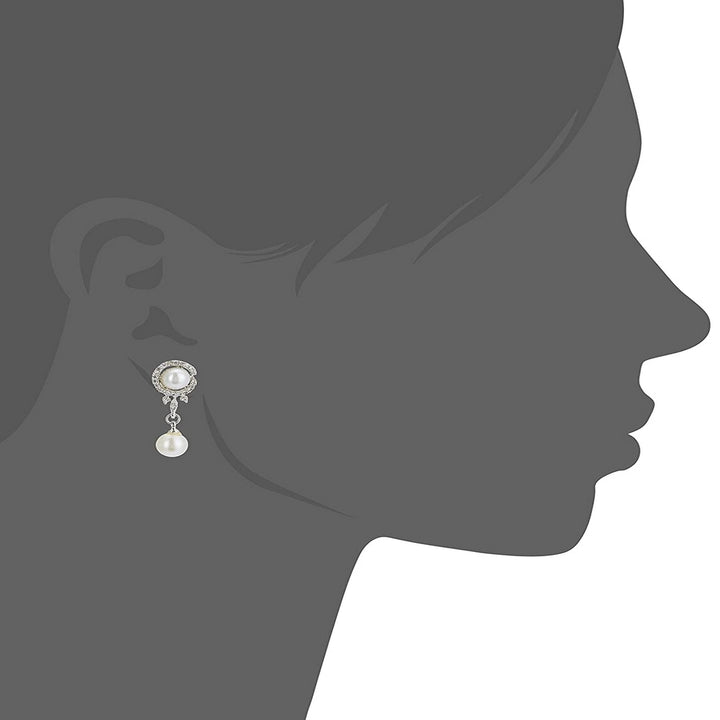 Estele Rhodium Plated CZ Elegant Pearl Drop Pendant Set for Women / Girls