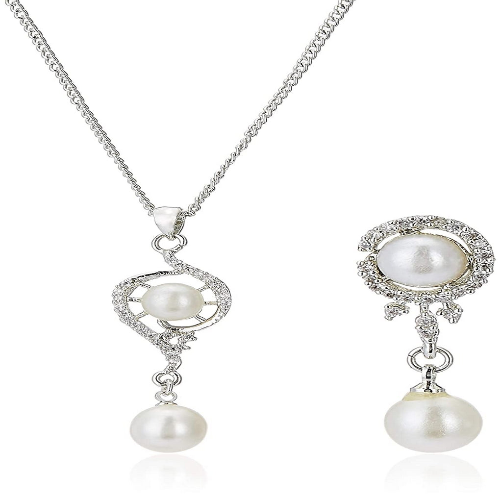Estele Rhodium Plated CZ Elegant Pearl Drop Pendant Set for Women / Girls