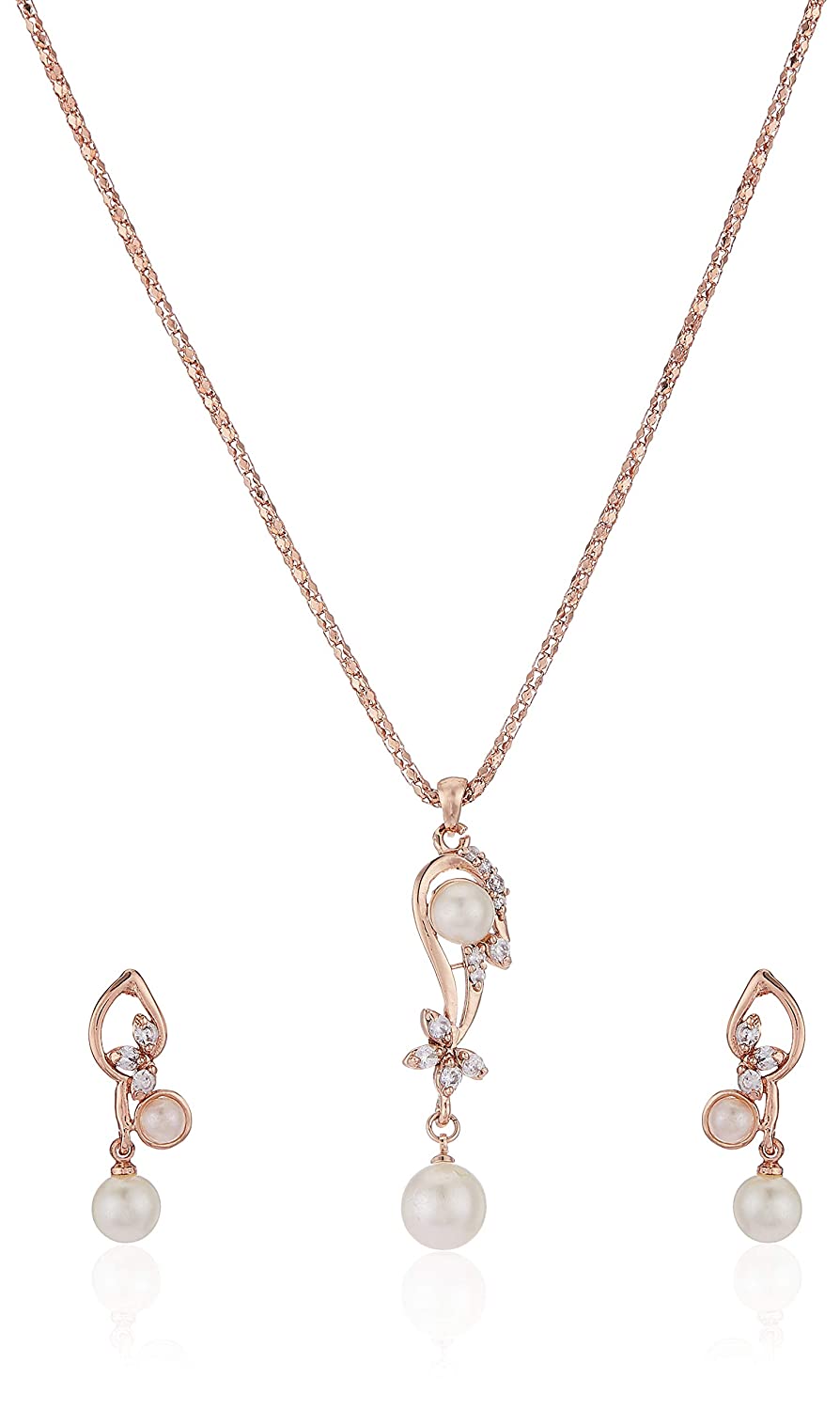 Estele Rose Gold Plated Pearl Drop with American Diamonds Pendant Set for Women