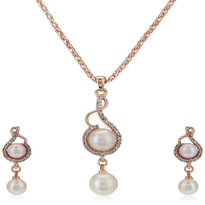 Estele Rose Gold Plated Pearl Drop with American Diamonds Necklace Set for Women