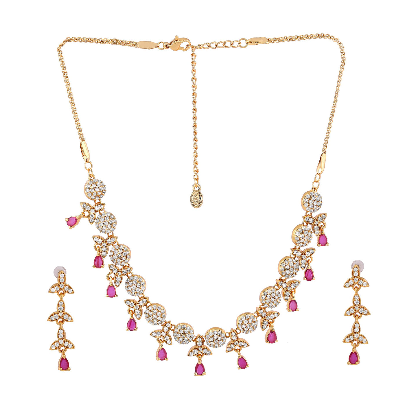 Estele - Fancy Ruby stones and American Diaomond Gold plated Necklace Set