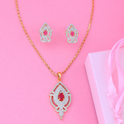 Estele 24 Kt Gold Plated American Diamond Flower and Leaf Pendant Set with Ruby Stones