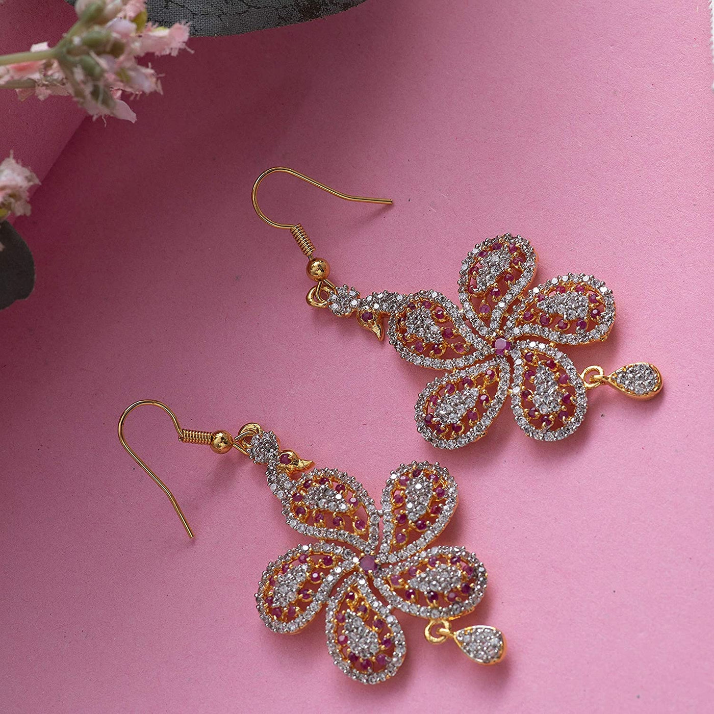 Estele Gold  Plated American Diamond Peacock Flower Dangle Earrings for women