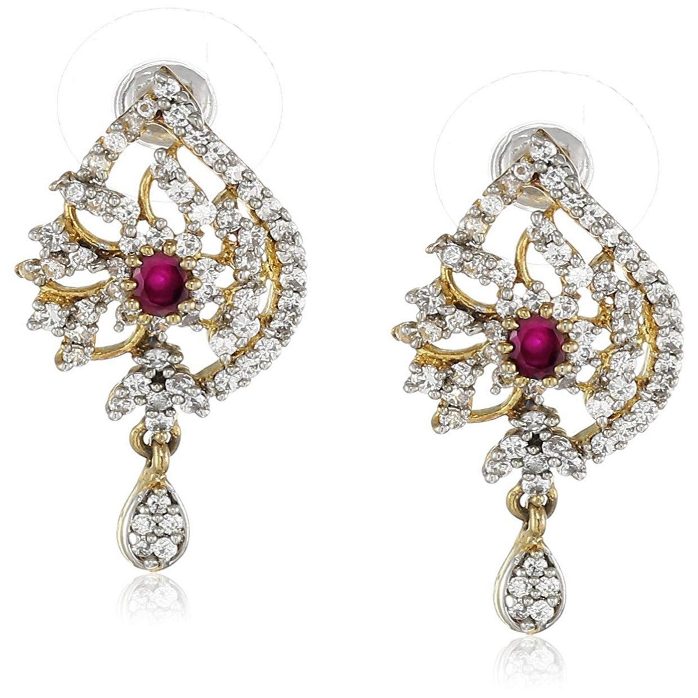 Estele  Gold and Silver Plated American Diamond Ruby Paisley Drop Earrings for women