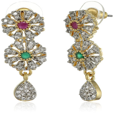 Estele Gold Plated American Diamond Red and green Flower  Dangle Earrings for women