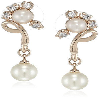 Estele  Rose Gold Plated American Diamond Cluster Pearl  Drop Earrings for women