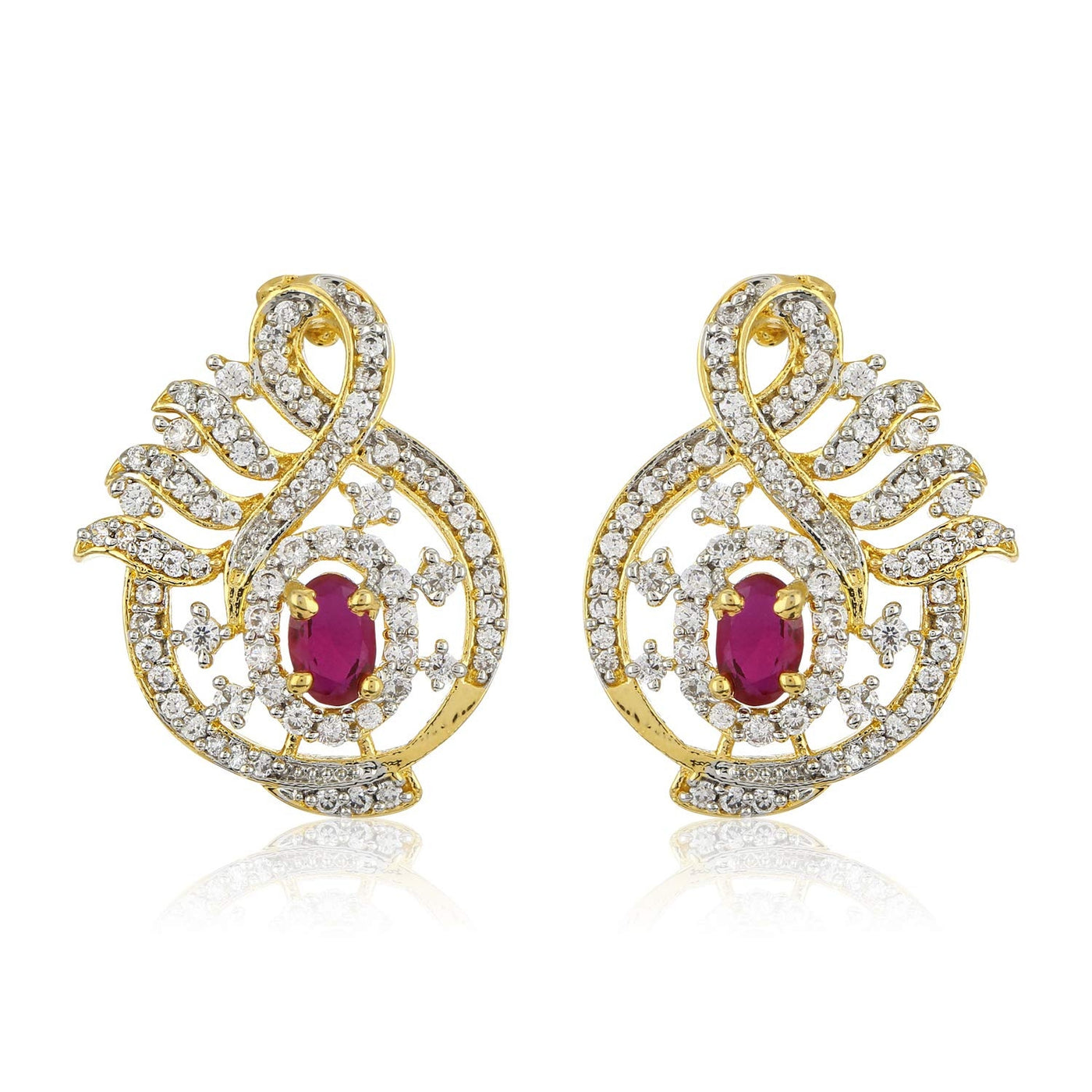 Estele Gold  Plated American Diamond Ruby Leaf  Drop Earrings for women