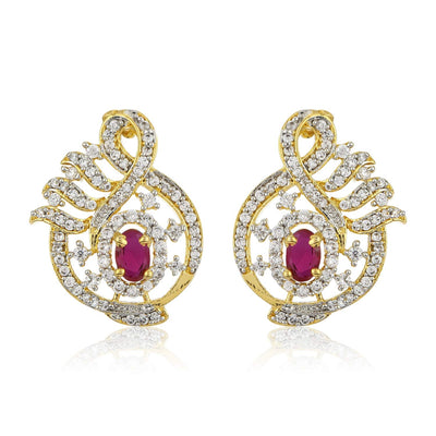 Estele Gold  Plated American Diamond Ruby Leaf  Drop Earrings for women