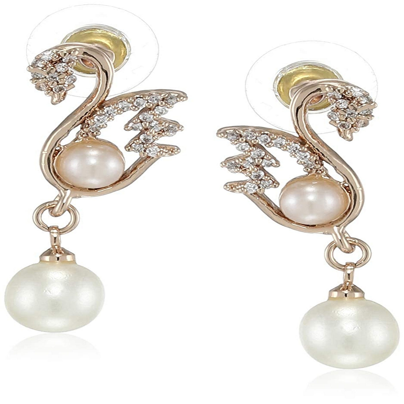 Estele Rose Gold Plated American Diamond Swan Round Pearl Drop Earrings for women