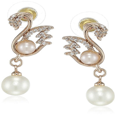 Estele Rose Gold Plated American Diamond Swan Round Pearl Drop Earrings for women