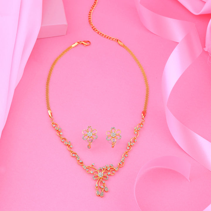 Estele - 24 Kt Gold Plated CZ Flower Shaped Necklace Set for Women