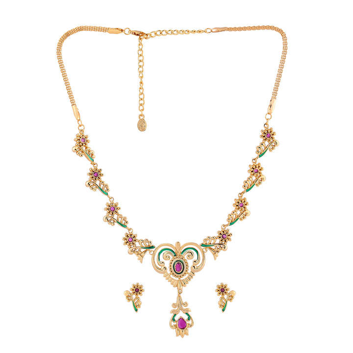 Estele Gold plated Traditional Peepal Necklace Set with Ruby & Enamel for Women
