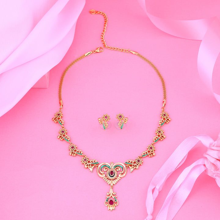 Estele Gold plated Traditional Peepal Necklace Set with Ruby & Enamel for Women