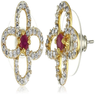 Estele Gold and Silver Plated American Diamond Ruby Primrose Stud Earrings for women