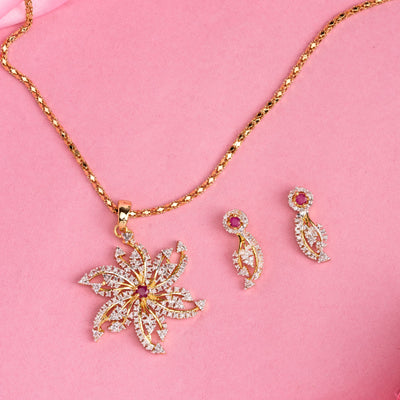 Estele - 24CT gold plated flower Pendant set with Austrian Crystals and ruby stones