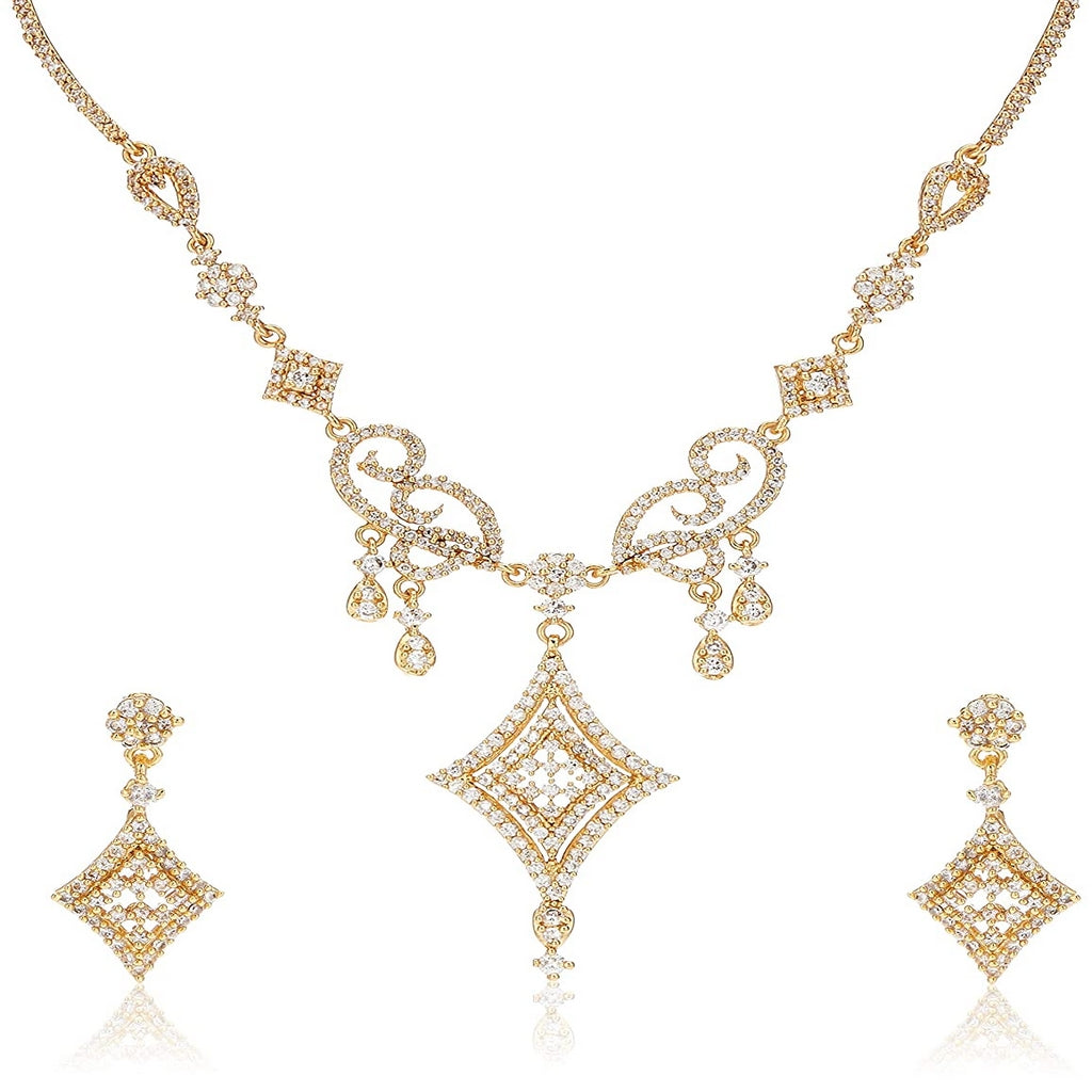 Estele 24 Kt Gold Plated Geometric Shaped American Diamond Necklace Set for Women