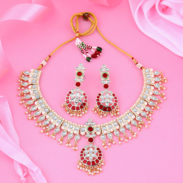 Estele Gold Plated Flexible Kundan Necklace Set with Enamel for Women