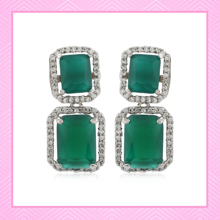 Estele Rhodium Plated Aster Green emerald stones Earrings