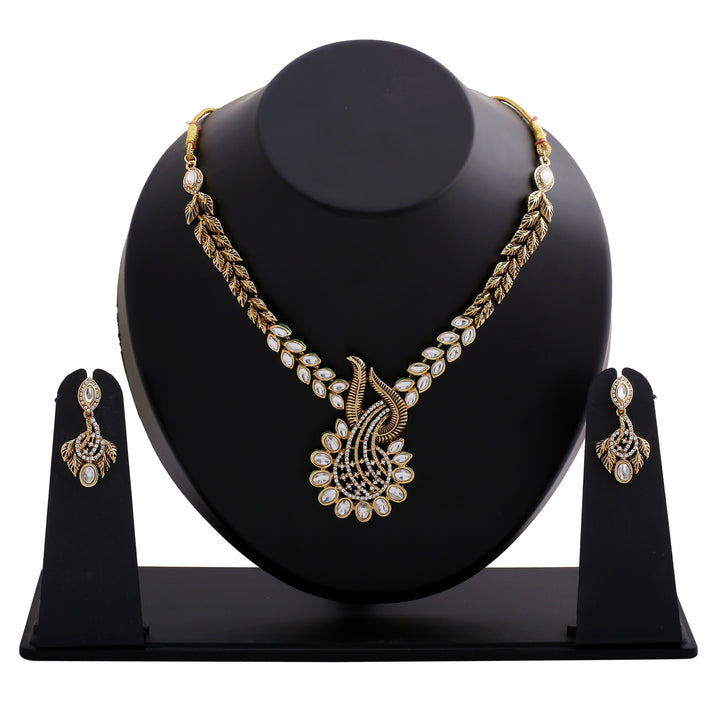Estele Gold Plated Traditional Antique Kundan Paisley Fern Necklace Set for Women