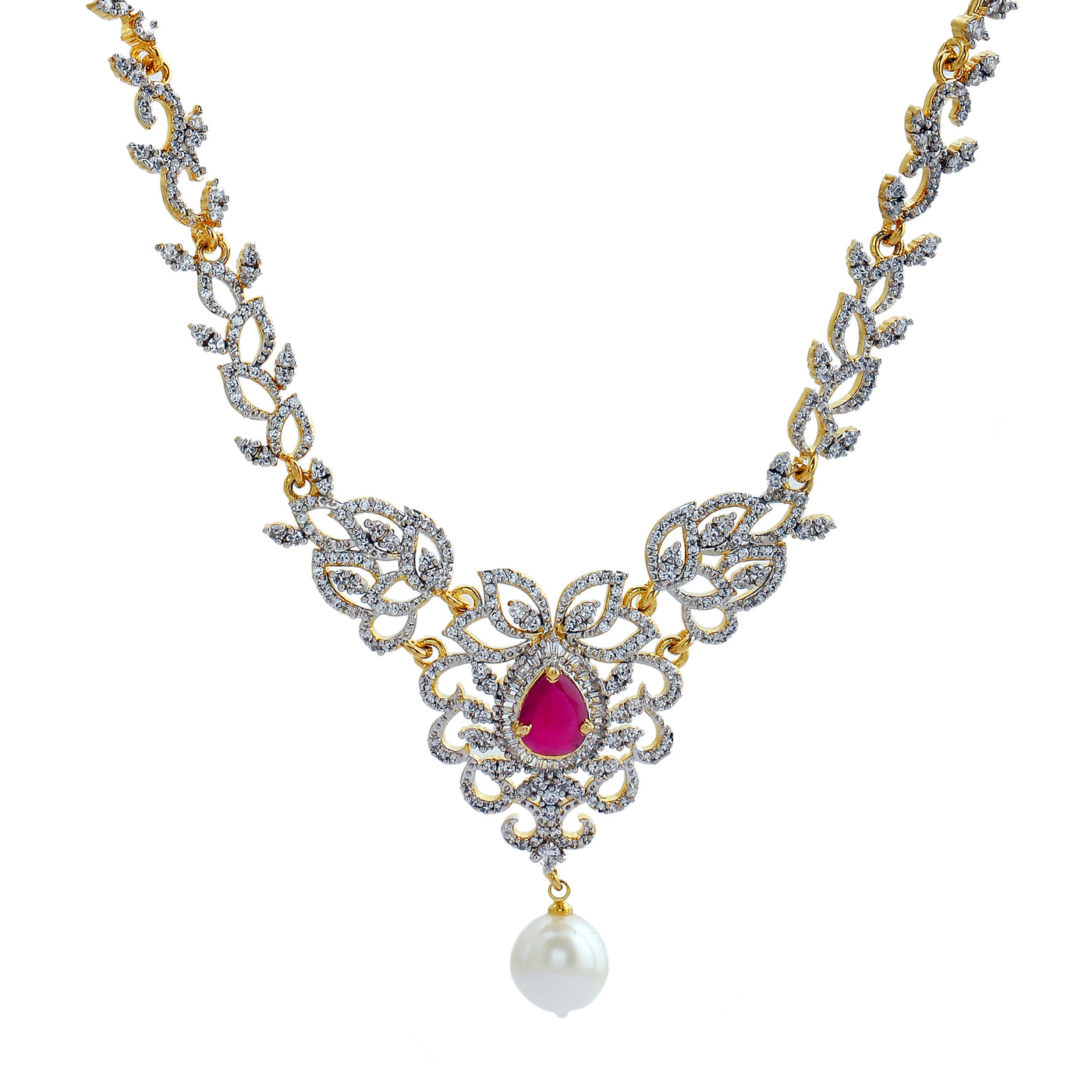 Traditional Gold and Silver plated Blooming Twine Necklace with American diamond, cz ruby and pearl