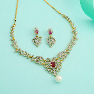 Traditional Gold and Silver plated Blooming Twine Necklace with American diamond, cz ruby and pearl