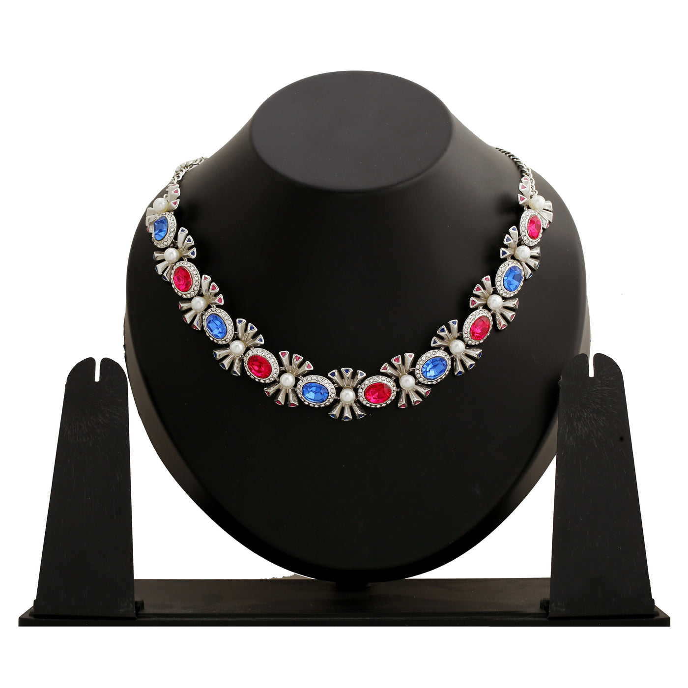 Designer Rhodium plated Pop Diva Necklace with blue and pink Austrian crystals