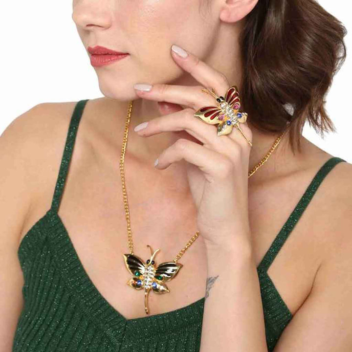 Estele Gold Plated Butterfly Shaped Finger Ring with Enamel & Crystals for Women