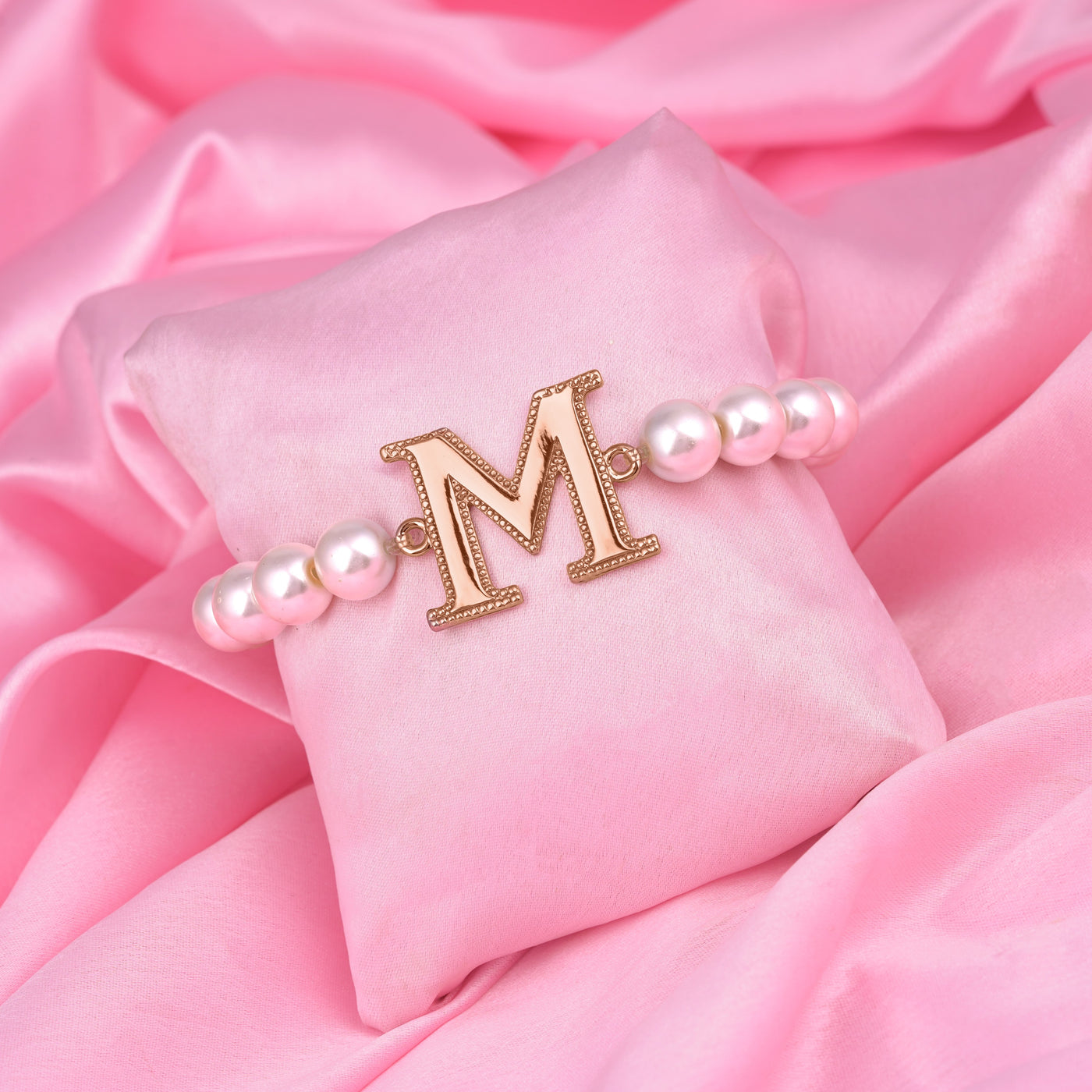 Estele Rose Gold Plated Magnificent M Letter Pearl Bracelet